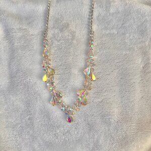Iridescent Rhinestone Statement Necklace and Earrings Set. Costume Jewelry